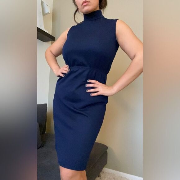 Vintage VTG Navy Blue Short Sleeve Turtleneck Dress Size Medium 60s Mod - Picture 1 of 11